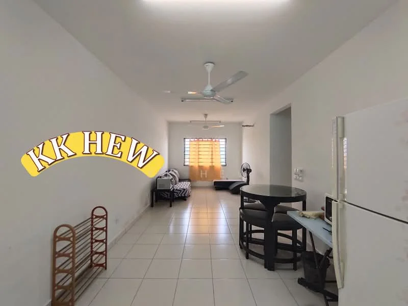 Living features: white painted walls, tile flooring, 5-blade ceiling fan, round dining table, black dining chairs, sofa in black and white stripes, refrigerator, window with horizontal blinds, floor fan, open layout; style: modern.