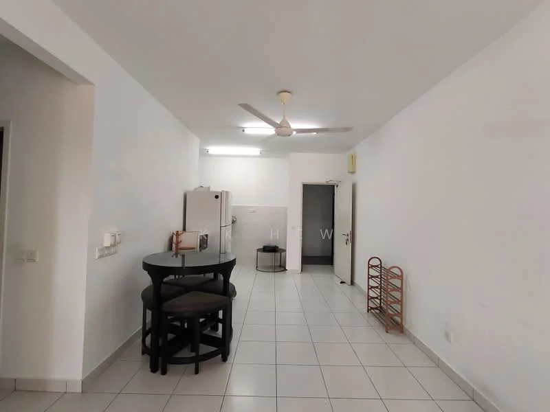 Room features: white painted walls, tile flooring, ceiling fan, round dining table, 4 high-back dining chairs, refrigerator, doorway leading to another room, open space layout, wall-mounted light switch, wooden rack, neutral color scheme; style: modern.