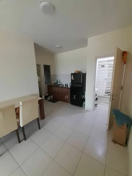 Kitchen features: white painted walls, tile flooring, brown wooden cabinetry, black fridge, sink, countertop, dining table with chairs, door leading to utility area; style: modern.