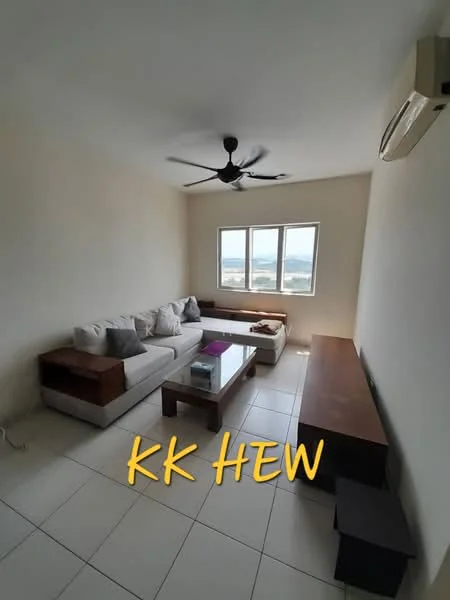 Living features: 3-seater fabric sofa in light grey, wooden coffee table, wooden TV console, floor-to-ceiling windows, white painted walls, tile flooring, 5-blade ceiling fan, wall-mounted split AC; style: modern; view: city.