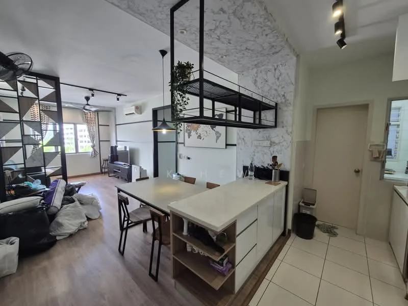 Kitchen features: white cabinetry, marble countertop, stainless-steel sink, chrome pull-down faucet, open shelving, kitchen island, pendant lighting, built-in appliances; style: modern. Living features: 3-seater fabric sofa, TV console, wall-mounted TV, area rug, large windows with sheer curtains, ceiling fan, decorative wall with map, dining table with chairs; style: modern.