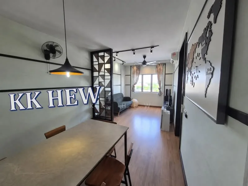 Living features: laminate flooring, white painted walls, 5-blade ceiling fan, pendant light, sofa in grey, TV console, wall-mounted TV, decorative wall art, curtains, window with view, coffee table, area rug; style: modern; view: city. Dining features: dining table with stone top, wooden chairs, pendant lamp; style: modern.