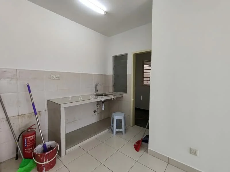 Kitchen features: single-bowl stainless-steel sink, chrome faucet, grey tiled backsplash, white painted walls, white ceiling, fluorescent ceiling light, ceramic tile flooring, countertop with storage underneath, window with grille, cleaning supplies visible, fire extinguisher, plastic stool.