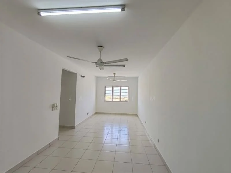 Room features: white painted walls, tile flooring, 2 ceiling fans, window with blinds, neutral color scheme, fluorescent lighting, open layout, no visible furniture; style: minimalist.