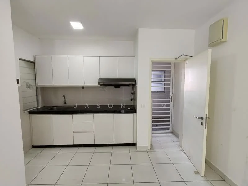 Kitchen features: white cabinetry, black granite countertop, single-bowl stainless-steel sink, chrome pull-down faucet, built-in range hood, ceramic tile flooring, wall-mounted split AC, recessed LED downlights, window with security grille, door leading to exterior; style: modern.