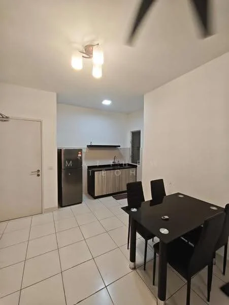 Kitchen features: white painted walls, tile flooring, ceiling light fixture, black dining table with four chairs, stainless-steel fridge, black countertop, wood cabinetry, sink, wall-mounted shelf; style: modern.
