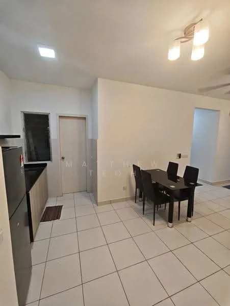 Kitchen features: white painted walls, tile flooring, ceiling with recessed lighting, 5-blade ceiling fan, black cabinets, stainless-steel fridge, single-bowl stainless-steel sink, chrome pull-down faucet, dining table with four black chairs; style: modern.