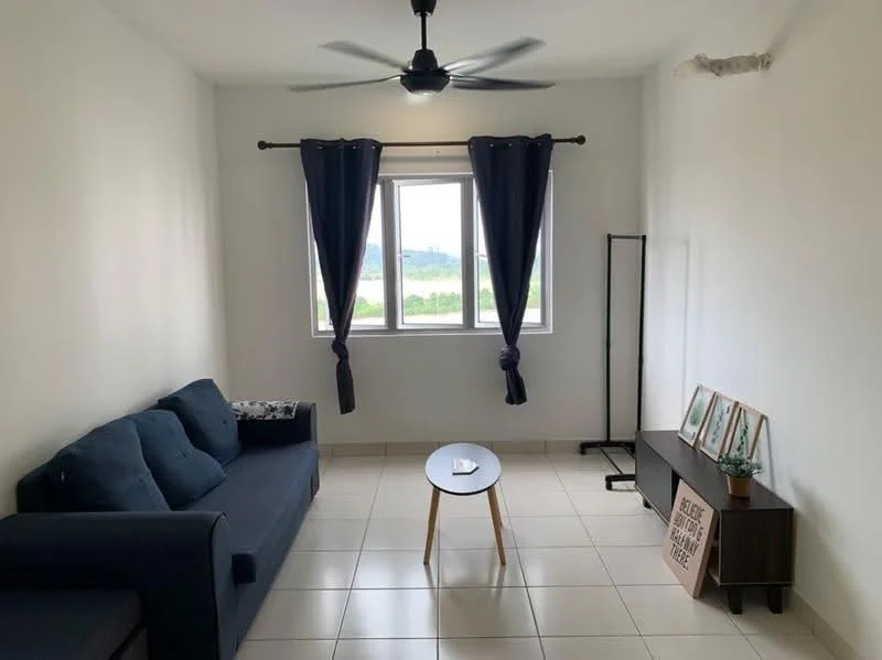 Living features: 3-seater fabric sofa in navy blue, round wooden coffee table, floor-to-ceiling windows, blackout curtains, light-colored walls, white tiled flooring, ceiling fan with light, decorative wall art, minimalist TV console; style: modern; view: garden.