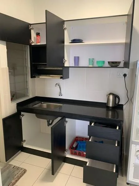 Kitchen features: black cabinetry, black countertop, single-bowl stainless-steel sink, chrome pull-down faucet, open shelving, kettle, drawer storage, basket for utensils, white tiled backsplash, white tiled flooring; style: modern.