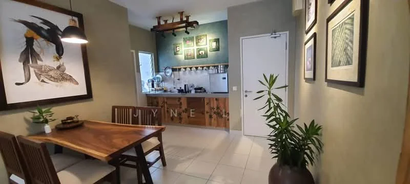 Dining features: wooden dining table, 4 wooden dining chairs, green accent wall, framed artwork on walls, potted plant, white tiled flooring, ceiling light fixture, wall-mounted cabinets, kitchen countertop, kitchen appliances visible; style: modern. Kitchen features: wood cabinetry, kitchen sink, stainless-steel appliances, open shelving, kitchen utensils visible; style: modern.