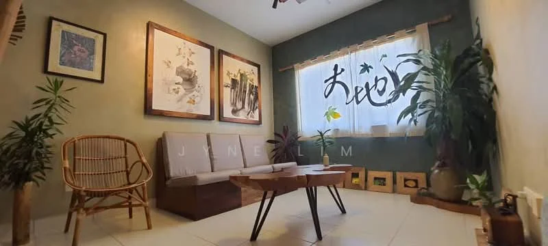 Living features: green accent wall, white walls, sofa with light fabric upholstery, wooden coffee table, rattan chair, framed artwork on walls, window with sheer curtains, indoor plants, decorative wall art, tile flooring; style: modern.