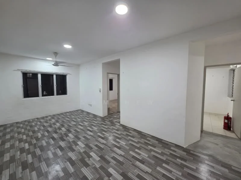 Living features: grey and white patterned tile flooring, white painted walls, recessed downlights, 5-blade ceiling fan, large windows with black frames, open layout, doorway leading to another room, fire extinguisher visible; style: modern. Room features: white painted walls, tile flooring, doorway leading to bathroom or utility area.