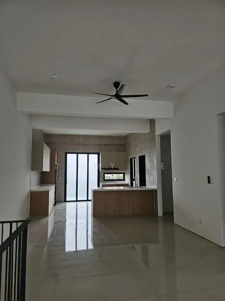 Kitchen features: island kitchen with countertop, stainless-steel sink, chrome pull-down faucet, built-in oven, stainless-steel range hood, 4-burner gas hob, white cabinetry, tile backsplash, marble tile flooring, 5-blade ceiling fan, floor-to-ceiling windows, open layout, recessed downlights; style: modern.