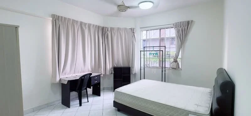 Bedroom features: queen-size bed, black upholstered headboard, white mattress, study desk with black chair, black storage cabinet, floor-to-ceiling window, sheer curtains, white painted walls, tile flooring, ceiling fan with light, recessed ceiling light; style: modern.