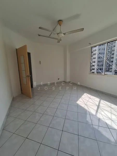 Room features: white painted walls, grey tiled flooring, 5-blade ceiling fan with light, floor-to-ceiling windows, natural light from windows, single wooden door with glass panels, corner of room with no visible furniture.