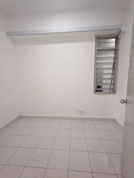 Room features: white painted walls, tile flooring, window with metal grilles, neutral color scheme, single door, light fixture on ceiling; style: modern.