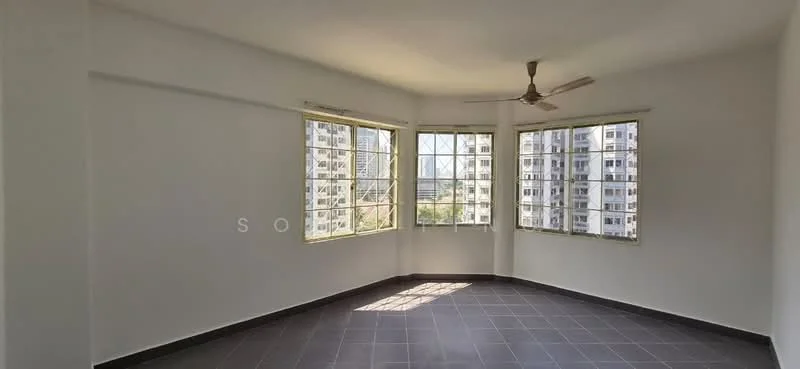 Room features: white painted walls, grey tiled flooring, ceiling fan, floor-to-ceiling windows, multiple window views, natural light, corner room layout; style: modern; view: city.