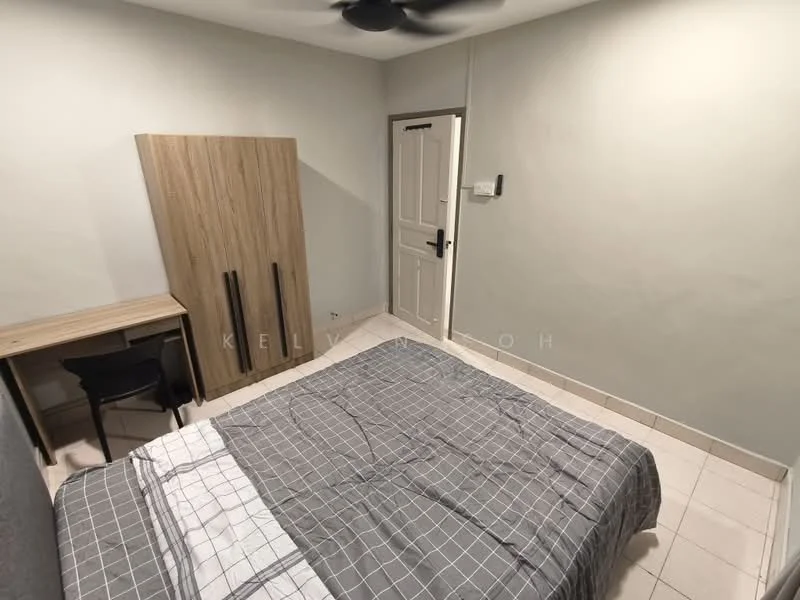 Bedroom features: queen-size bed with grey bedding, wooden wardrobe with two doors, study desk with chair, white painted walls, ceiling fan, tiled flooring, door leading to hallway; style: modern.