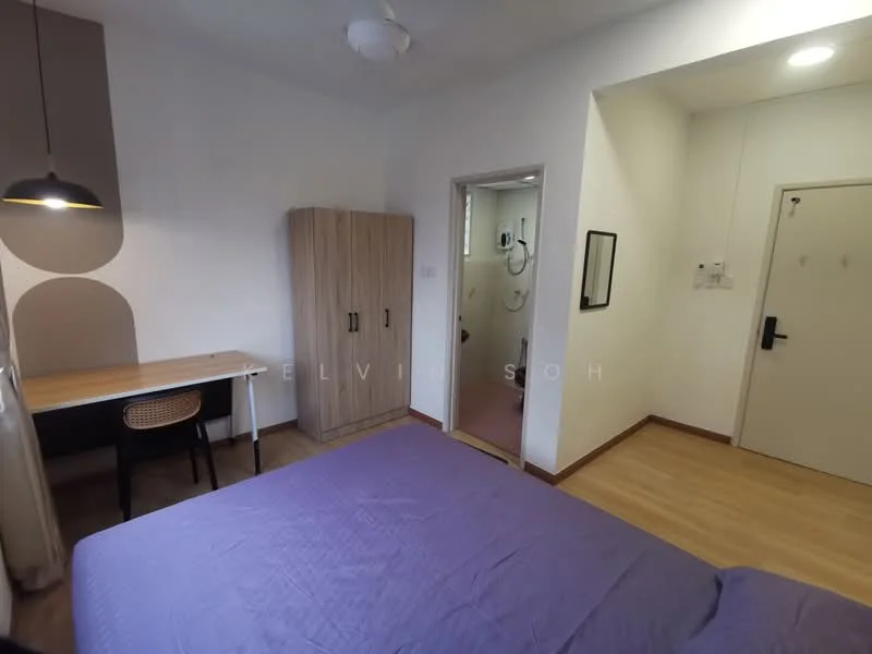 Bedroom features: queen-size bed with purple bedding, wooden wardrobe, study desk with chair, wall-mounted mirror, light fixture, laminate flooring, white painted walls, door leading to bathroom, window with sheer curtains; style: modern.