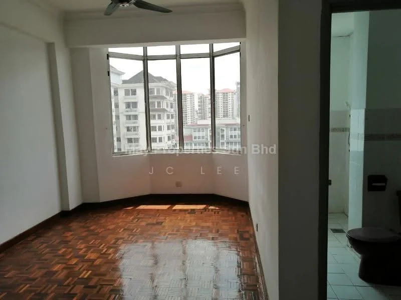 Room features: parquet wood flooring, white painted walls, floor-to-ceiling windows, ceiling fan, city view, corner window, natural light, neutral color scheme; style: modern; view: city.