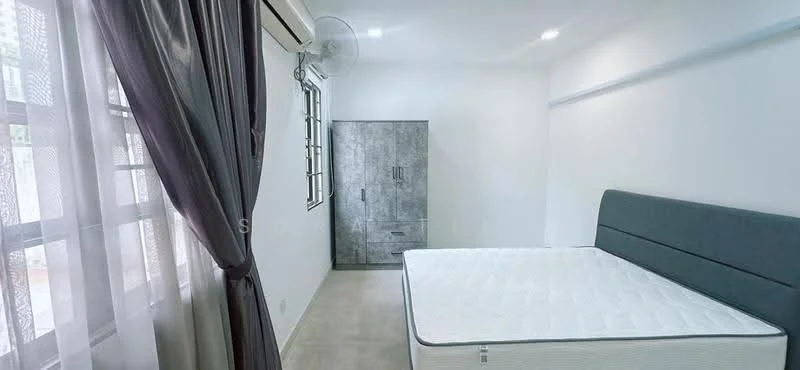 Bedroom features: grey upholstered headboard, queen-size bed, white mattress, light grey walls, concrete flooring, floor-to-ceiling window, sheer curtains, air conditioning unit, built-in wardrobe with grey finish, recessed downlights; style: modern.
