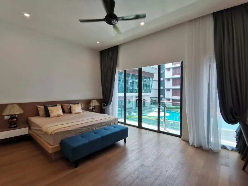 Bedroom features: king-size bed with beige bedding, upholstered headboard, 2 bedside lamps with cream shades, blue upholstered bench at foot of bed, floor-to-ceiling windows, sheer curtains, dark grey drapes, wooden flooring, ceiling fan with light, decorative wall art; style: modern; view: pool.