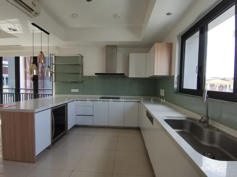 Kitchen features: white cabinetry with wood accents, stainless-steel sink, chrome pull-down faucet, quartz countertop, green glass backsplash, built-in oven, freestanding range oven, open shelving, island with seating, recessed downlights, floor-to-ceiling windows, tile flooring; style: modern; view: city.