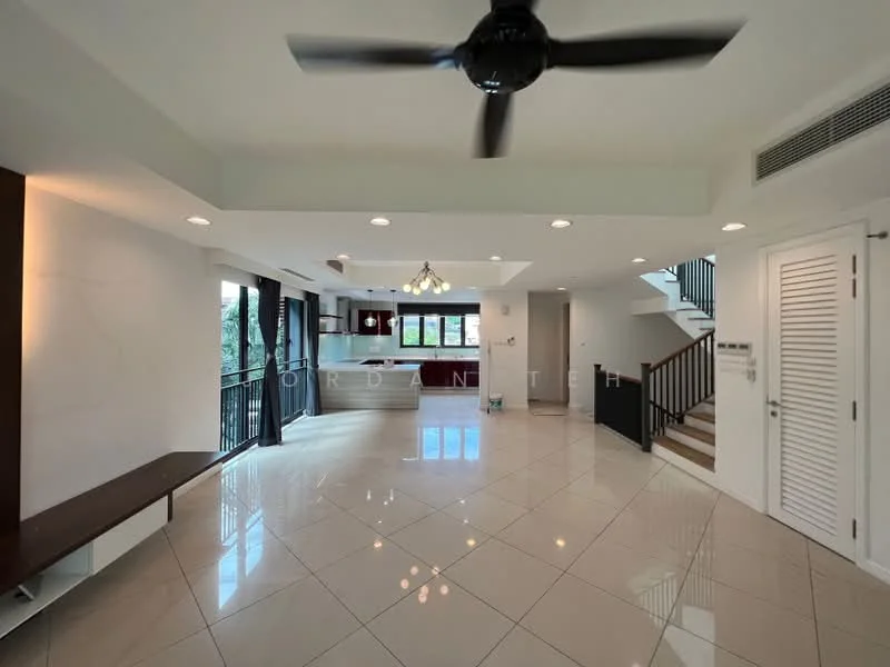 Living features: large floor-to-ceiling windows, sliding glass door, white painted walls, polished ceramic tile flooring, 5-blade ceiling fan with light, recessed downlights, open-plan layout, wall-mounted TV, built-in cabinetry, decorative wall paneling, staircase with wooden steps, black railing, dining area adjacent to kitchen; style: modern; view: garden.