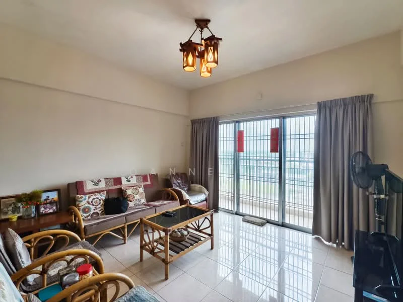 Living features: tile flooring, white painted walls, ceiling light fixture with multiple bulbs, sliding glass door, curtains, sofa with cushions, wooden coffee table, rattan chairs, decorative wall art, fan, view of outdoor space; style: modern; view: city.