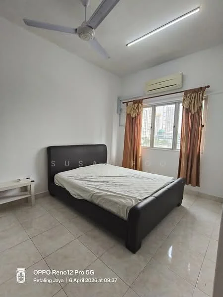 Bedroom features: king-size bed with black leather headboard, white bedding, 2 bedside tables, ceiling fan with light, window with sheer curtains, air conditioning unit, cream painted walls, glossy ceramic tile flooring, natural light from window; style: modern; view: city.