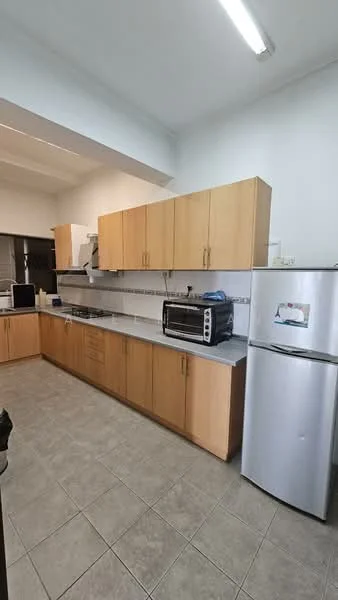 Kitchen features: light wood cabinetry, grey countertop, stainless-steel fridge, built-in oven, microwave, toaster oven, ceramic tile flooring, wall-mounted range hood, single-bowl stainless-steel sink, chrome faucet, fluorescent ceiling light; style: modern.
