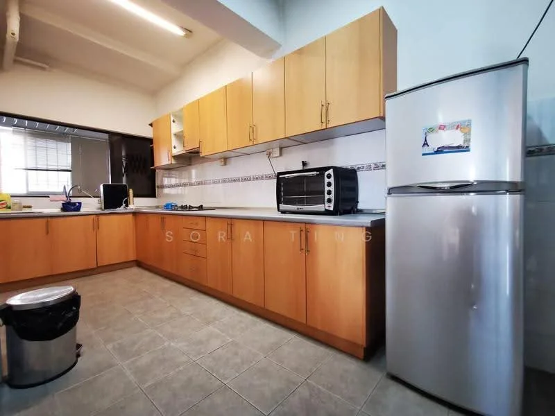 Kitchen features: light wood cabinetry, white tiled backsplash, grey tiled flooring, stainless-steel fridge, built-in oven, countertop with space for appliances, single-bowl stainless-steel sink, gas stove with 4 burners, kitchen exhaust hood, waste bin, window for natural light; style: modern.