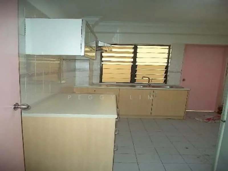 Kitchen features: light wood cabinetry, white tiled backsplash, single-bowl stainless-steel sink, chrome pull-down faucet, countertop with light surface, built-in kitchen hood, window with horizontal slats, white tiled flooring.