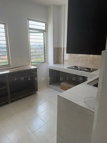 Kitchen features: white painted walls, tile flooring, kitchen countertop, built-in kitchen cabinets, double-basin sink, stainless-steel gas hob, exposed brick backsplash, large windows with metal grills; style: modern; view: city.