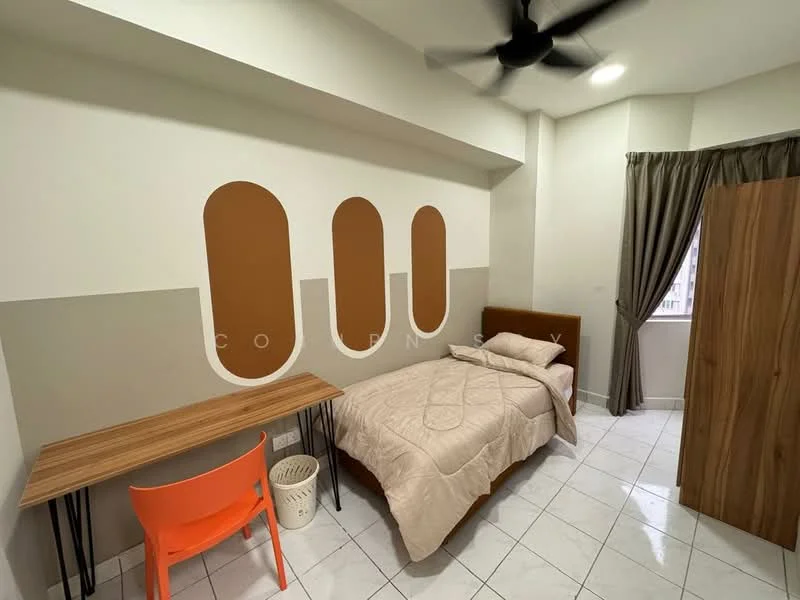 Bedroom features: single bed with beige bedding, wooden study desk, orange plastic chair, wooden wardrobe, white walls with brown accent, grey accent wall, ceiling fan, floor-to-ceiling window with curtains, tile flooring; style: modern; view: city.