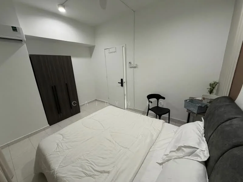 Bedroom features: king-size bed with white bedding, dark wood wardrobe with two doors, black chair, white walls, tile flooring, wall-mounted air conditioning unit, mirror on the wall, small decorative plant on a side table; style: modern.