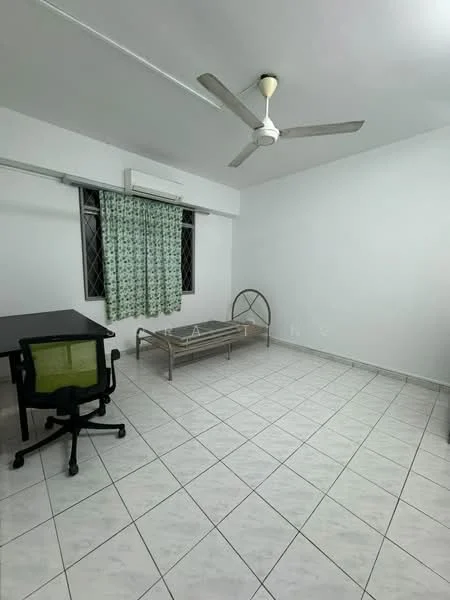 Room features: white painted walls, white ceiling, tiled flooring, 5-blade ceiling fan, window with green patterned curtains, desk with black chair, metal bed frame, air conditioning unit; style: minimalist.