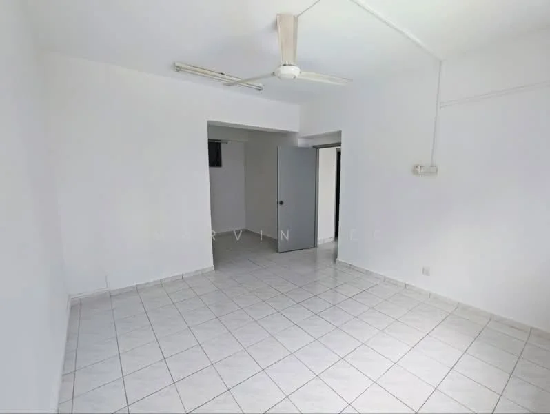 Room features: white painted walls, white tiled flooring, ceiling fan, doorway leading to another room, window, light fixture, corner of the room with no visible furniture; style: minimalist.