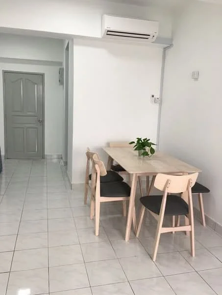 Dining features: rectangular wooden dining table, 4 wooden dining chairs with grey cushions, white walls, glossy white tile flooring, wall-mounted air conditioning unit, door leading to hallway, indoor plant on table; style: modern. Room features: grey door, white walls, glossy white tile flooring.