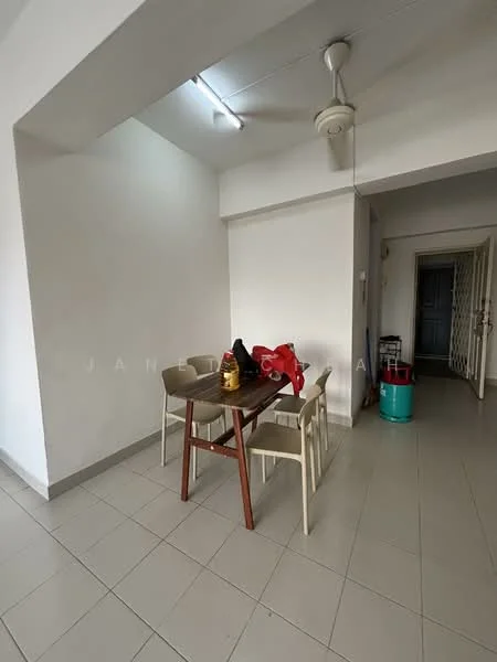 Dining features: white painted walls, tile flooring, ceiling fan, 4-seater dining table, plastic dining chairs in cream, decorative items on table, light fixture on ceiling, open space layout; style: minimalist. Room features: white painted walls, tile flooring, doorway leading to hallway.