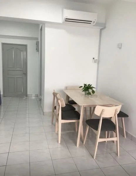 Dining features: white walls, tile flooring, dining table with light wood finish, 4 wooden dining chairs with grey cushions, wall-mounted split AC, door leading to hallway, potted plant on table; style: modern. Room features: white walls, tile flooring.