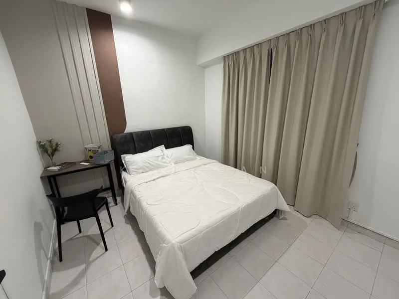 Bedroom features: queen-size bed with black upholstered headboard, white bedding, nightstand with lamp, black chair, desk, floor-to-ceiling window with beige curtains, white painted walls, light-colored tile flooring, decorative wall paneling in brown, recessed lighting; style: modern.