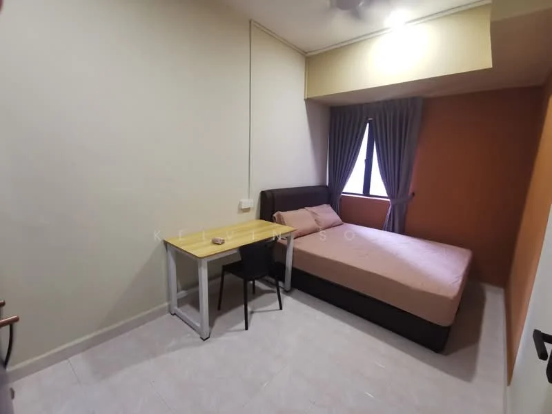 Bedroom features: queen-size bed, upholstered headboard, study desk, black chair, floor-to-ceiling window, grey curtains, cream painted walls, light beige accent wall, tile flooring, ceiling fan; style: modern.
