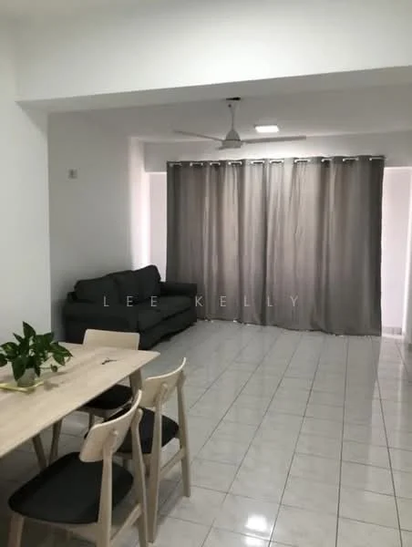 Living features: grey fabric sofa, ceiling fan, white painted walls, tile flooring, curtains, dining table with light wood finish, 4 dining chairs, indoor plant in ceramic pot, recessed ceiling lights; style: modern.