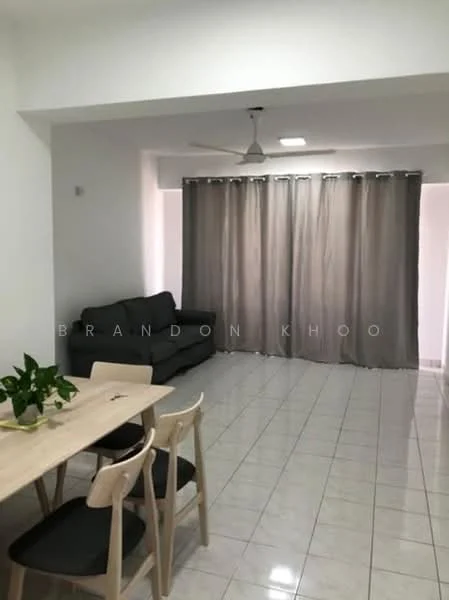 Living features: grey fabric sofa, ceiling fan, white walls, white ceiling, large window with sheer curtains, tile flooring, dining table with light wood finish, three wooden chairs, potted plant on dining table, recessed lighting; style: modern.