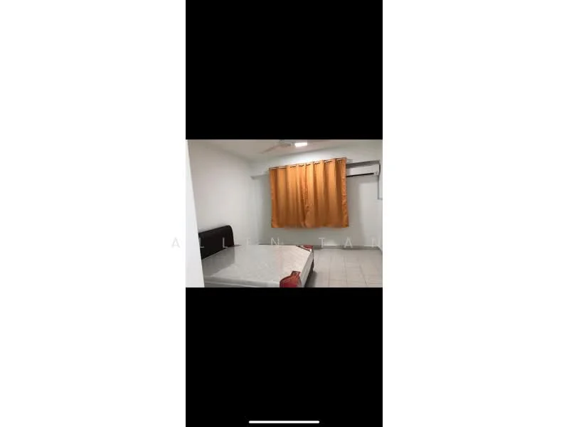 Bedroom features: white painted walls, tile flooring, ceiling fan, window with orange curtains, double bed frame, mattress on bed, built-in wardrobe, light fixture on ceiling.