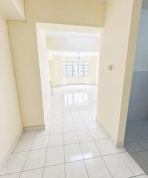 Room features: white painted walls, glossy white tile flooring, ceiling with recessed lighting, large windows allowing natural light, open layout, neutral color scheme, doorway leading to another room, corner space with potential for furniture placement; style: modern.