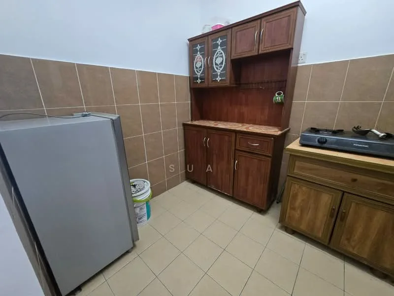 Kitchen features: stainless-steel fridge, wooden cabinetry with glass doors, wooden countertop, gas stove, tile backsplash, cream tiled flooring, brown wooden cabinet, wall-mounted shelf.