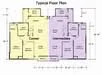 Floor plan: 4-bedroom 2-bathroom unit; features: open-plan kitchen-dining-living, master bedroom with ensuite bathroom, bedroom 2 with shared bathroom, utility room, central foyer, balcony off living room, private yard, 2 car porch.