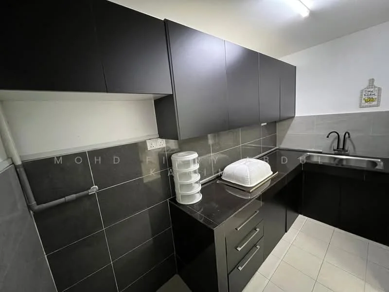 Kitchen features: black cabinetry, white countertop, stainless-steel sink, chrome pull-down faucet, grey tiled backsplash, grey tiled flooring, under-cabinet lighting, built-in storage shelves; style: modern.